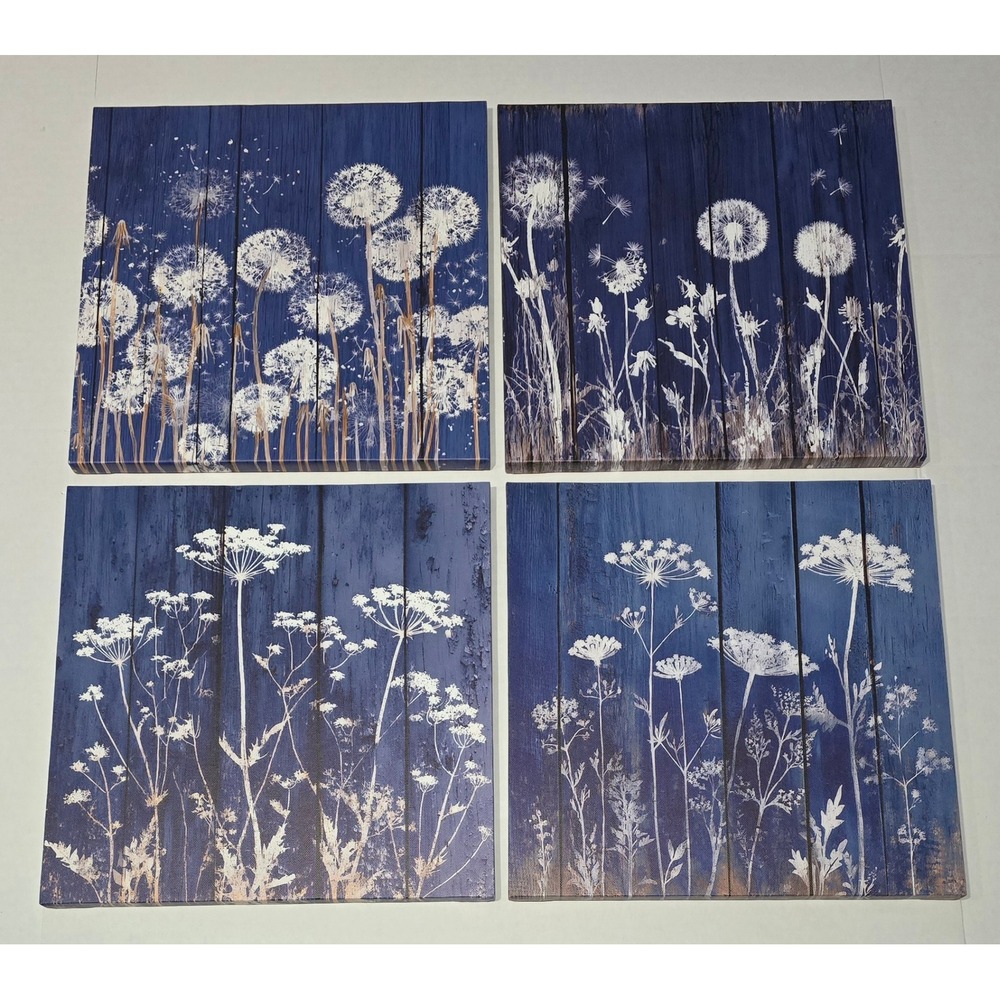 Blue Floral Dandelion Canvas Wall Art Set of 4 Navy Botanical Prints 12x12